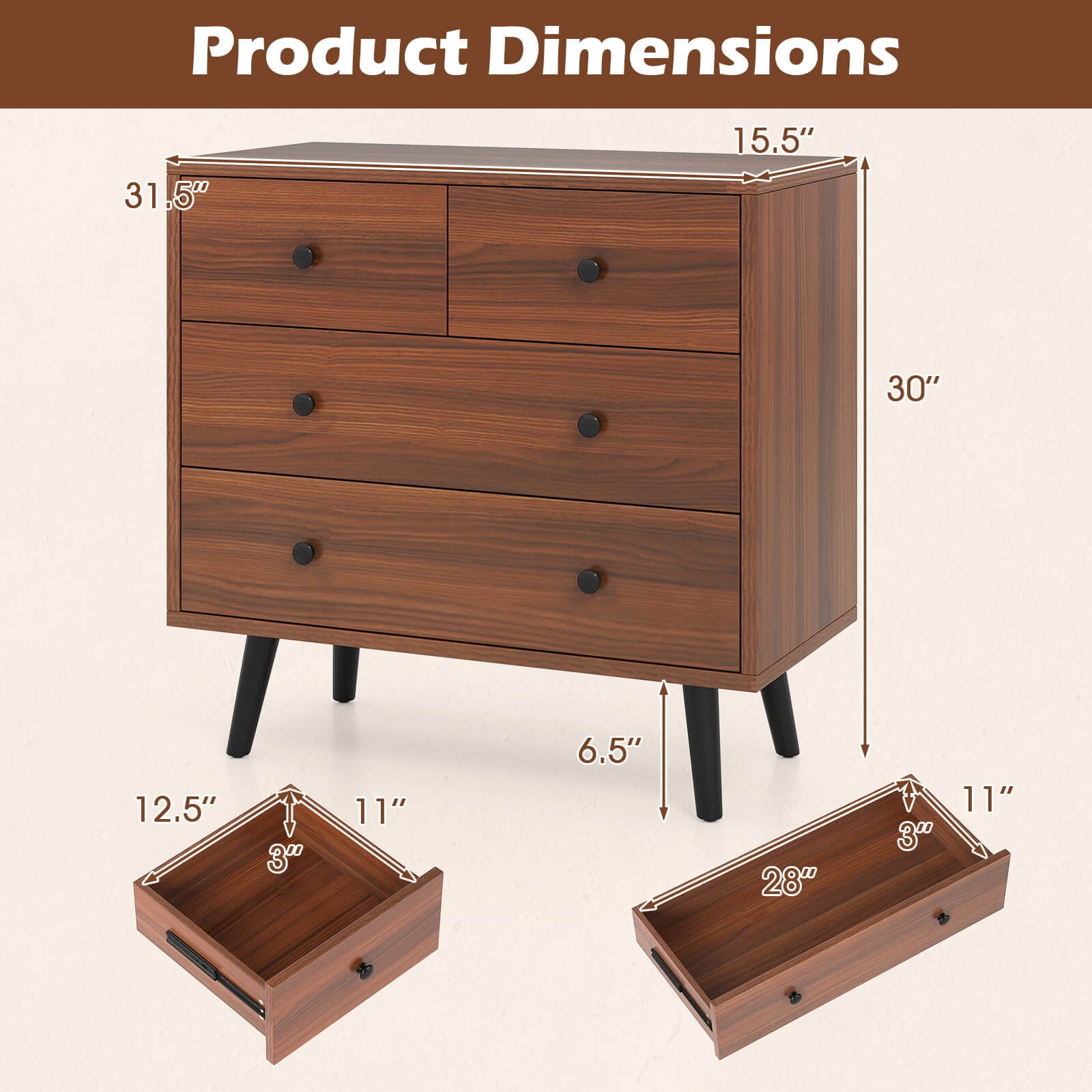 Costway 4 Drawer Dresser for Bedroom Wide Chest of Drawers with Metal Guide Rails Walnut