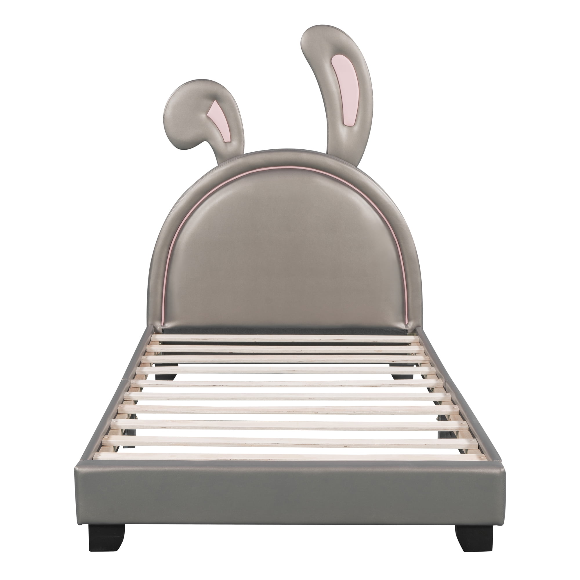 Aukfa Upholstered Bed with Bunny Ears Headboard for Kids, Faux Leather Twin Platform Bed Frame, Gray