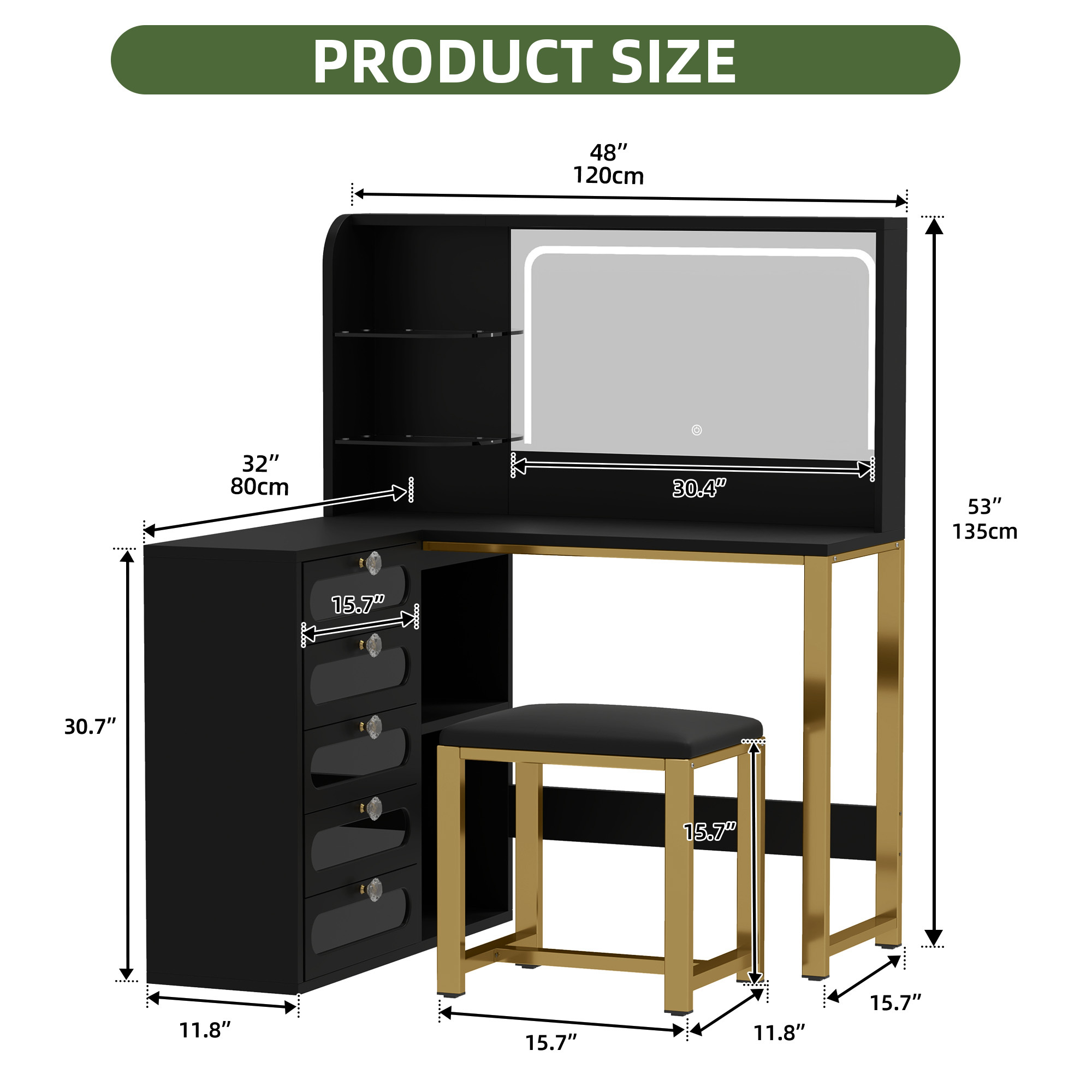 Uforic Black Corner Makeup Vanity Desk Set with Stool, LED Mirror, Glass Drawers