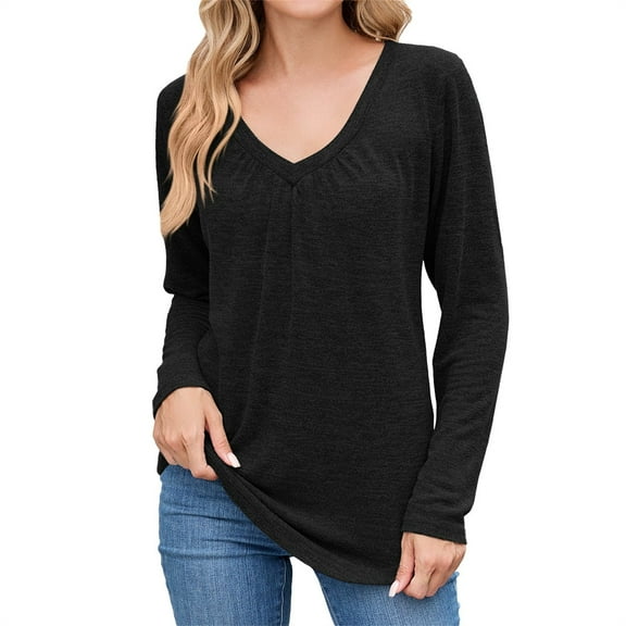 Yigetop Long Sleeve Casual Tops for Women, Womens T Shirts V Neck Short/Long Sleeve Casual Tops Soft Solid Basic Tee Fall Clothes Black L