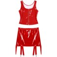 thumbnail image 5 of Conjunto de lencería de charol con efecto mojado para mujer, camiseta sin mangas con cuello en U y cremallera, falda con liga de cintura alta, disfraz para fiesta en club, 5 of 5