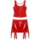 thumbnail image 5 of Conjunto de lencería de charol con efecto mojado para mujer, camiseta sin mangas con cuello en U y cremallera, falda con liga de cintura alta, disfraz para fiesta en club, 5 of 5