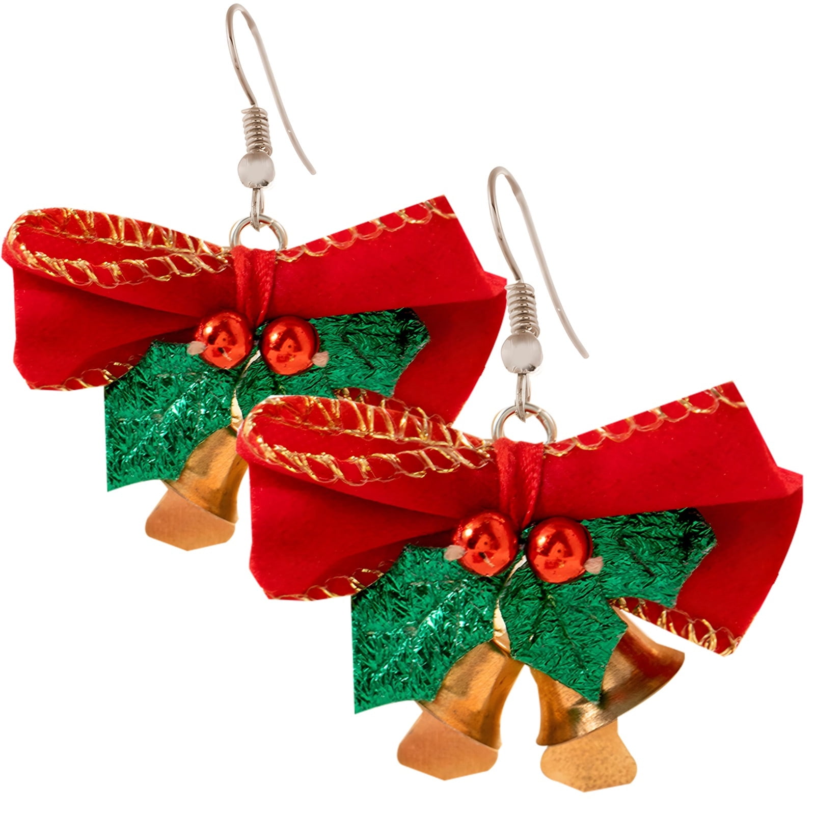 Christmas Bell Bow Earrings for Women, Festive Red Bow with Jingle Bells Dangle Earrings 1.89"x1.97", Holiday Jewelry with Green Holly Leaves, Red Berries, Christmas Party Accessories