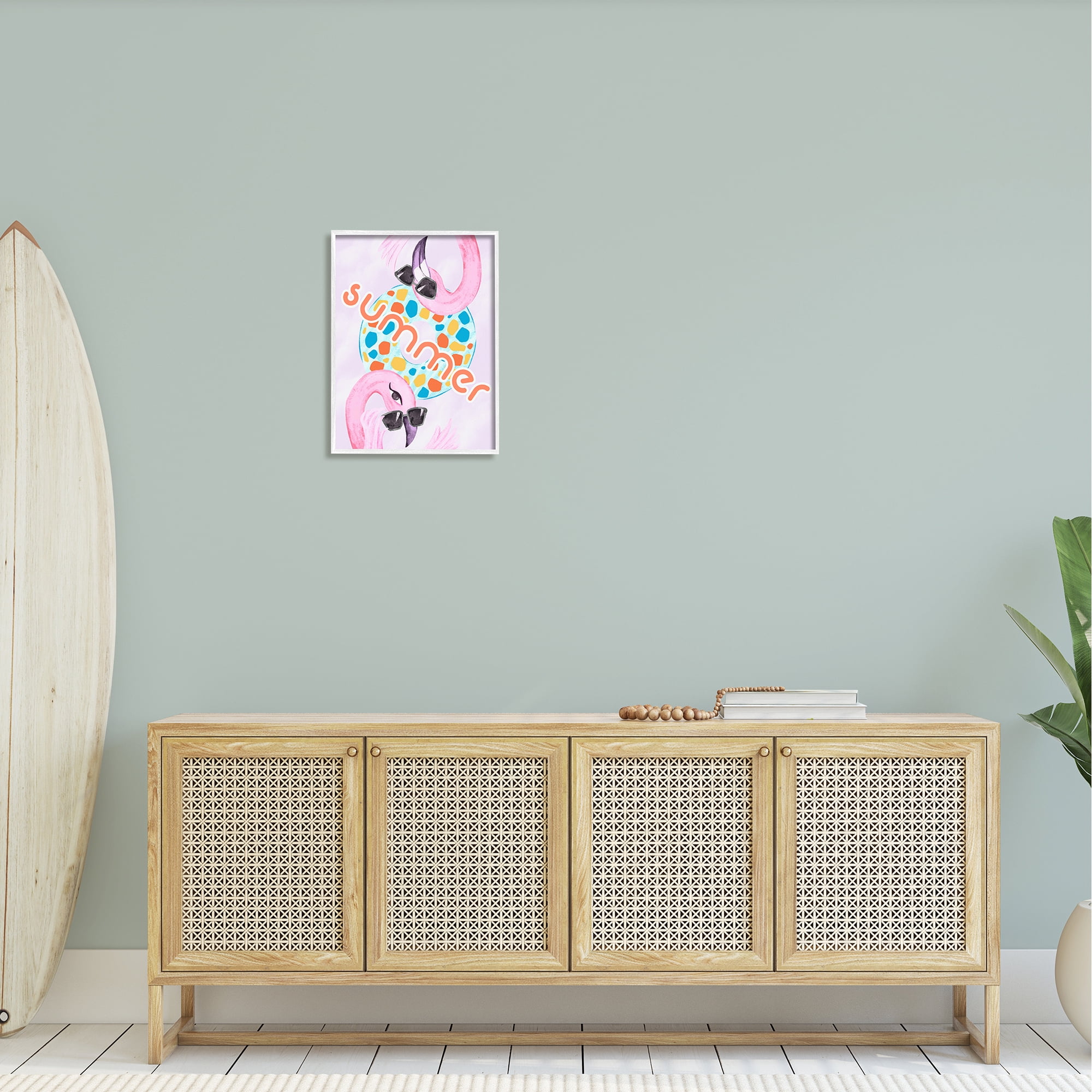 Stupell Industries Pink Summer Flamingos Pool Float Tropical Sunglasses Graphic Art White Framed Art Print Wall Art, Design by Ziwei Li