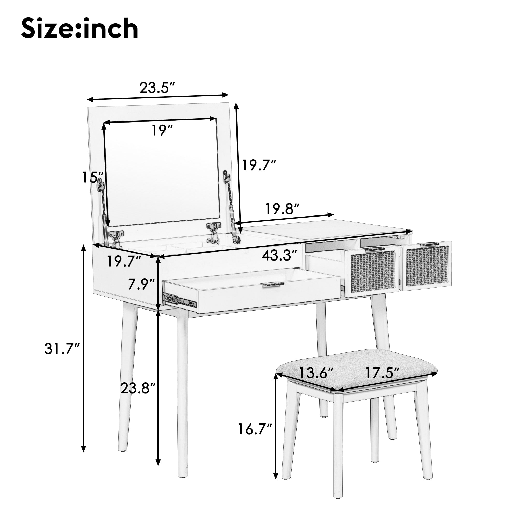Yoneston 43.3" Classic Wood Makeup Vanity Set with Flip-top Mirror, Vanity Table with Cushioned Chair with Three Drawers and Storage Space for Bedroom, White