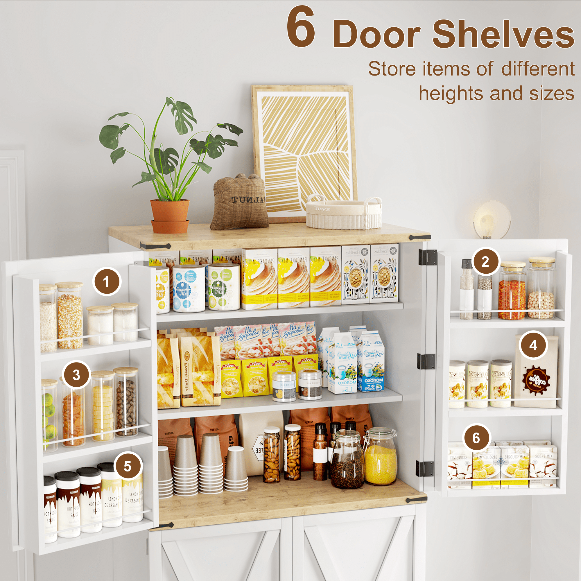 72.8'' Tall Kitchen Pantry Cabinet with 4 Barn Doors,Wood Storage Cabinet with Adjustable Shelves for Dining Room Living Room, White