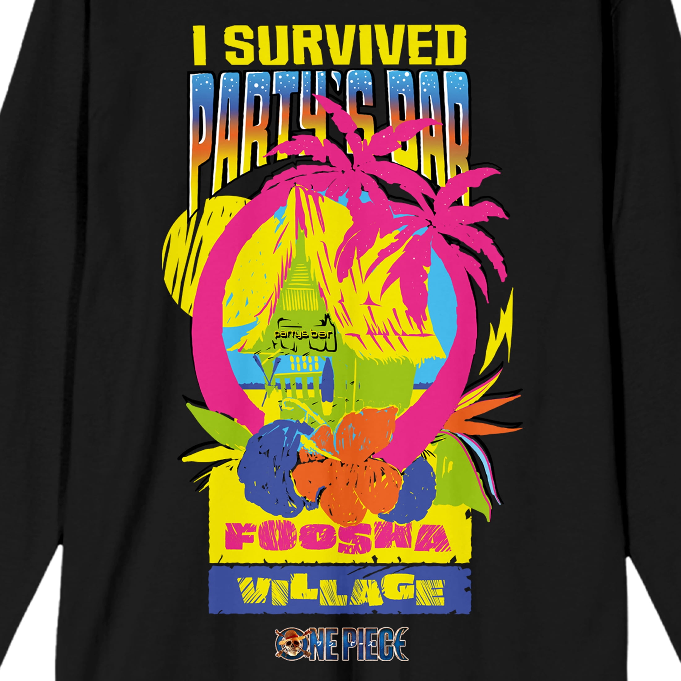 One Piece (Live Action) I Survived Party's Bar Foosha Village Adult Black Long Sleeve Tee-Large