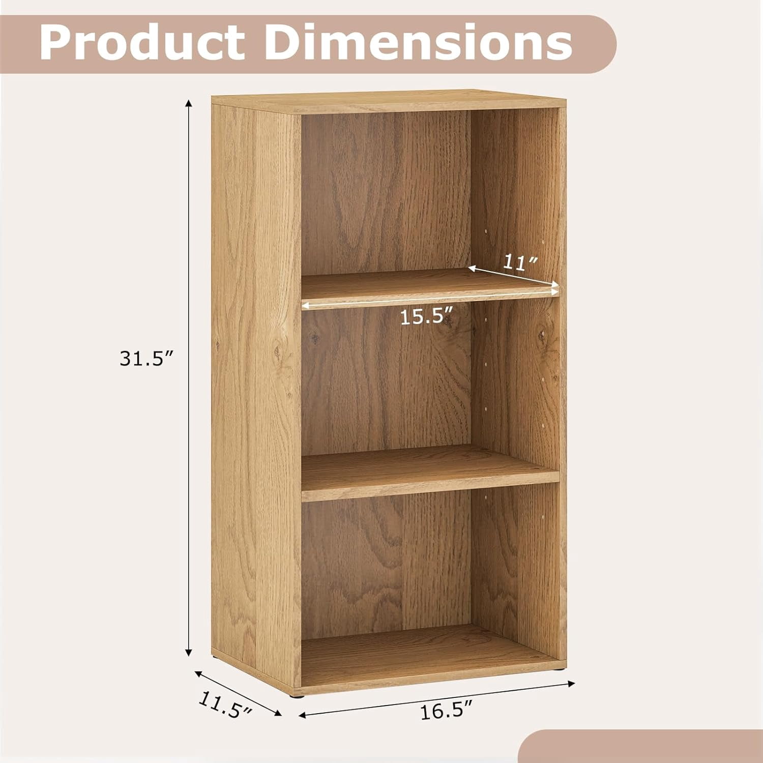 LOKO 3-Tier Cube Bookcase, Modern Open Bookshelf with Adjustable Shelves, Floor Standing Cubby Display Cabinet, Wooden Modular Storage Organizer for Living Room, Study, Home Office (1, Natural)