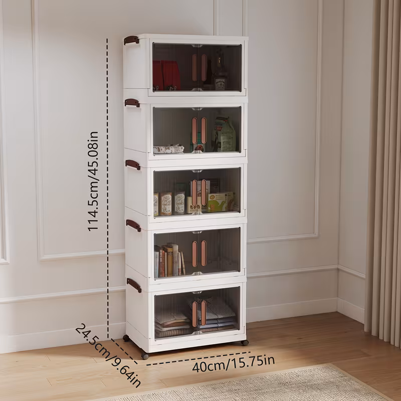 5 Tier Stackable Storage Box with Lid and Wheels, Foldable Collapsible Organizer, Clothing Storage Cabinet for Home Office, Living Room