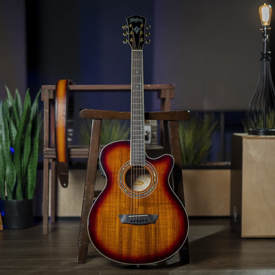 Washburn Festival Series Cutaway Mini Jumbo Acoustic Electric Guitar, Koa Burst, 6 Strings
