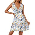 thumbnail image 2 of WTOBBY Women's Casual Summer Dress V-Neck Sleeveless Floral Print Pleated Hem Dress with Elastic Waist for Daily Comfort and All-Day Wear,Dark BlueXL, 2 of 5