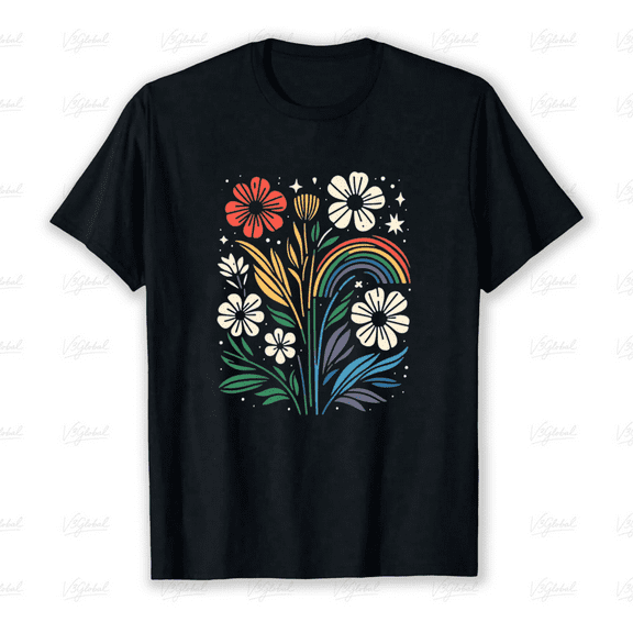 Colorful Rainbow With Floral Blooms for a Joyful Nature Artwork Unisex T-shirt up to size 5XL