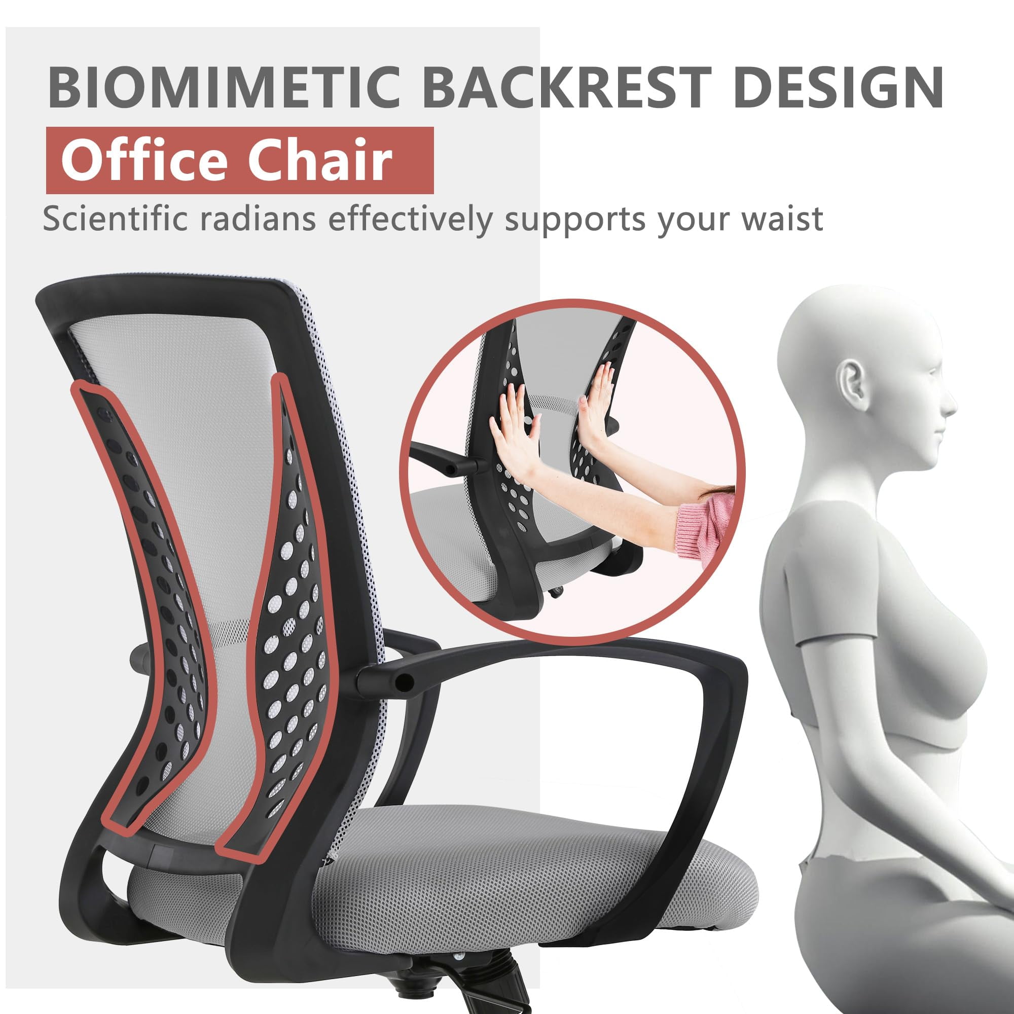 PayLessHere Ergonomic Office Chair with Lumbar Support, Adjustable Height, Swivel Casters, Grey, 1 Pack