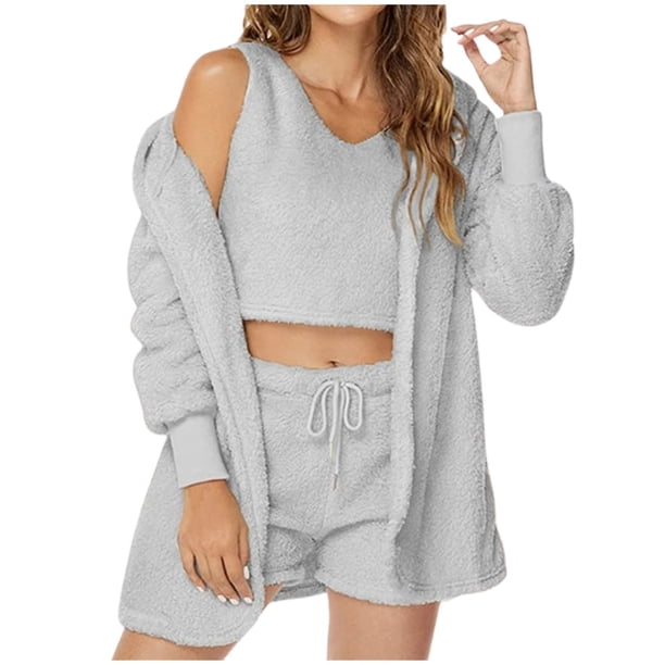 Conjunto de pijama de 3 piezas para mujer: abrigo con capucha de franela, chaleco y pantalones cortos, ropa de dormir suave y cálida, tallas S-XXXL, ropa de estar por casa para invierno