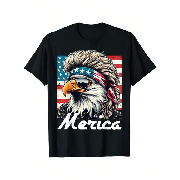 children’s wear Funny Merica Eagle with Mullet Sunglasses Patriotic American Flag Graphic Tee for Kids and Toddlers, Retro 4th of July USA Pride Shirt for Boys and Girls