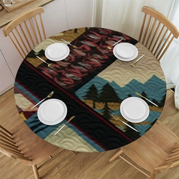 BANET Rustic Country Round Tablecloth,Aztec Ethnic Tribal Geometric Pattern Vintage Rustic Bear Deer Tablecloth for Home Living Room Kitchen Table Decor Round 31"-35