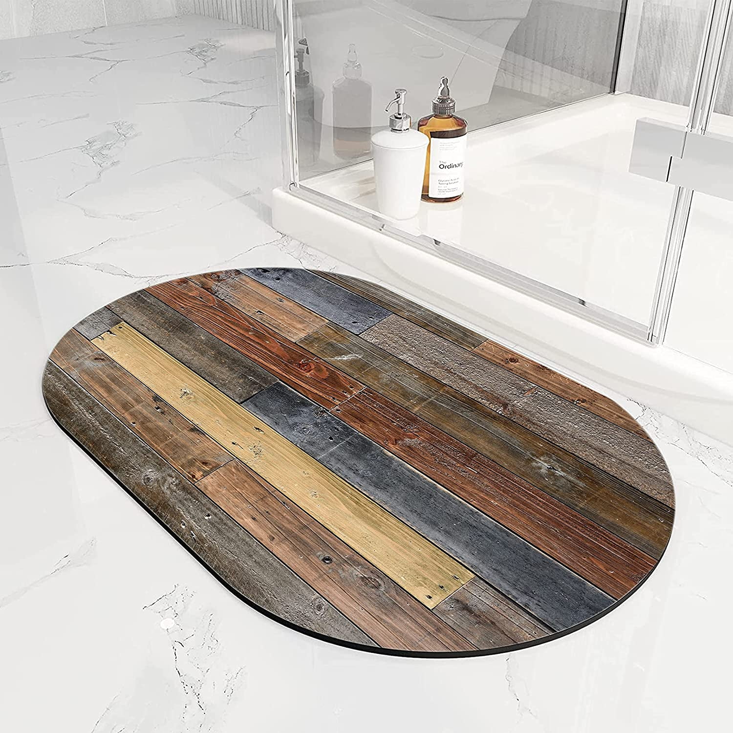 Rustic Old Barn Wood Doormat Diatomaceous Earth Bath Mat - Wood Look Rubber Non Slip Quick Dry Super Absorbent Washable Bathroom Rugs Fit Under Door（Oval,31.5×20 inch）