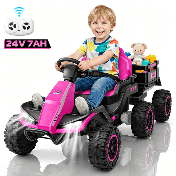 Farmdex 3-in-1 Ride on Tractor, 24 Volt Ride on Toys with Remote Control, 7AH Battery Power Car Wheels , Ride on Cars w/ Bluetooth, Music, Battery Display, Light Control, 5 MPH, Pink