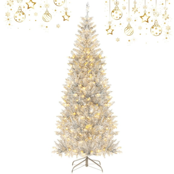 Costway 6FT Pre-lit Artificial Silver Tinsel Xmas Tree with 790 Branch Tips 300 LED Lights