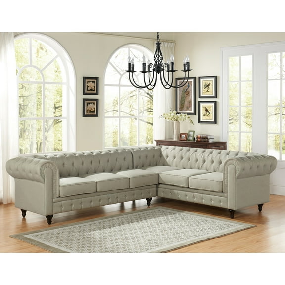 US Pride Furniture Sophia Classic Button Tufted Fabric Upholstered 2-PC Left-Facing Sectional Sofa, Beige
