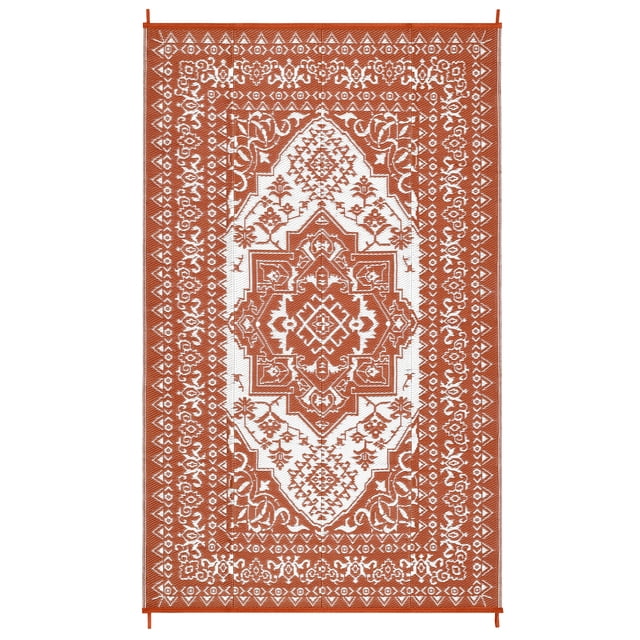 Reversible Waterproof Outdoor Rug 9x12ft – Large Plastic Straw Patio Carpet – Vintage Medallion – Weather Resistant for Deck, Backyard, Camping, Beach, RV – Terracotta Orange/White – USA Specification