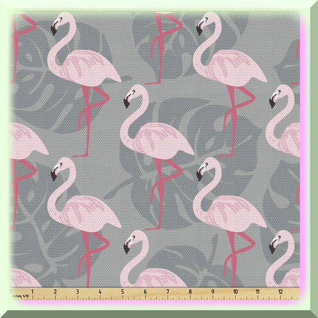 Tissu Flamant Rose Paradis Tropical - Feuilles d'Arbre Jungle le Exotique, Oiseaux Roses, Faune Hawaïenne, Décoration Inspirée de la Nature - Parfait pour Rembourrage et Accents de Maison - 1 Yard - Épingle Grise