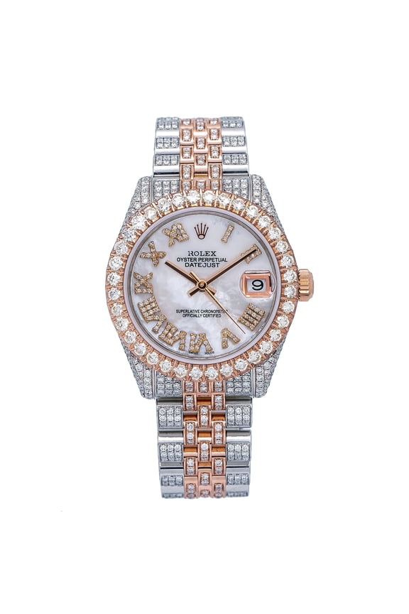 Pre-Owned Rolex Datejust 31MM 178241 White Mother of Pearl Roman Diamond Dial Diamond Bezel Two Tone Rose Gold Full Diamond Jubilee Bracelet 9.25ct