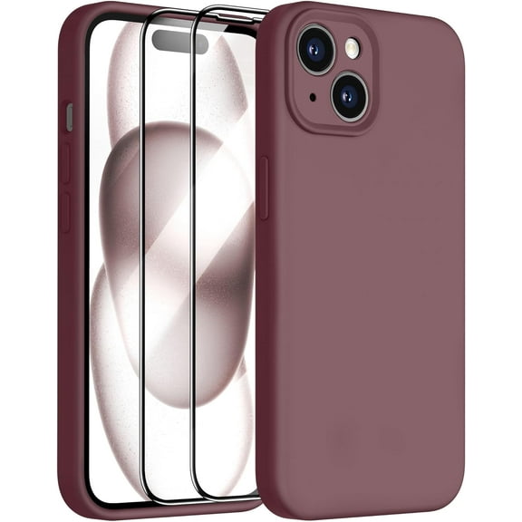 Compatible with iPhone 15 Case,Upgrade Liquid Silicone,with 2× Screen Protector[Enhanced Camera Protection][Scratch-Resistant Soft Microfiber Lining] Slim Cover Phone Cases (Plum)