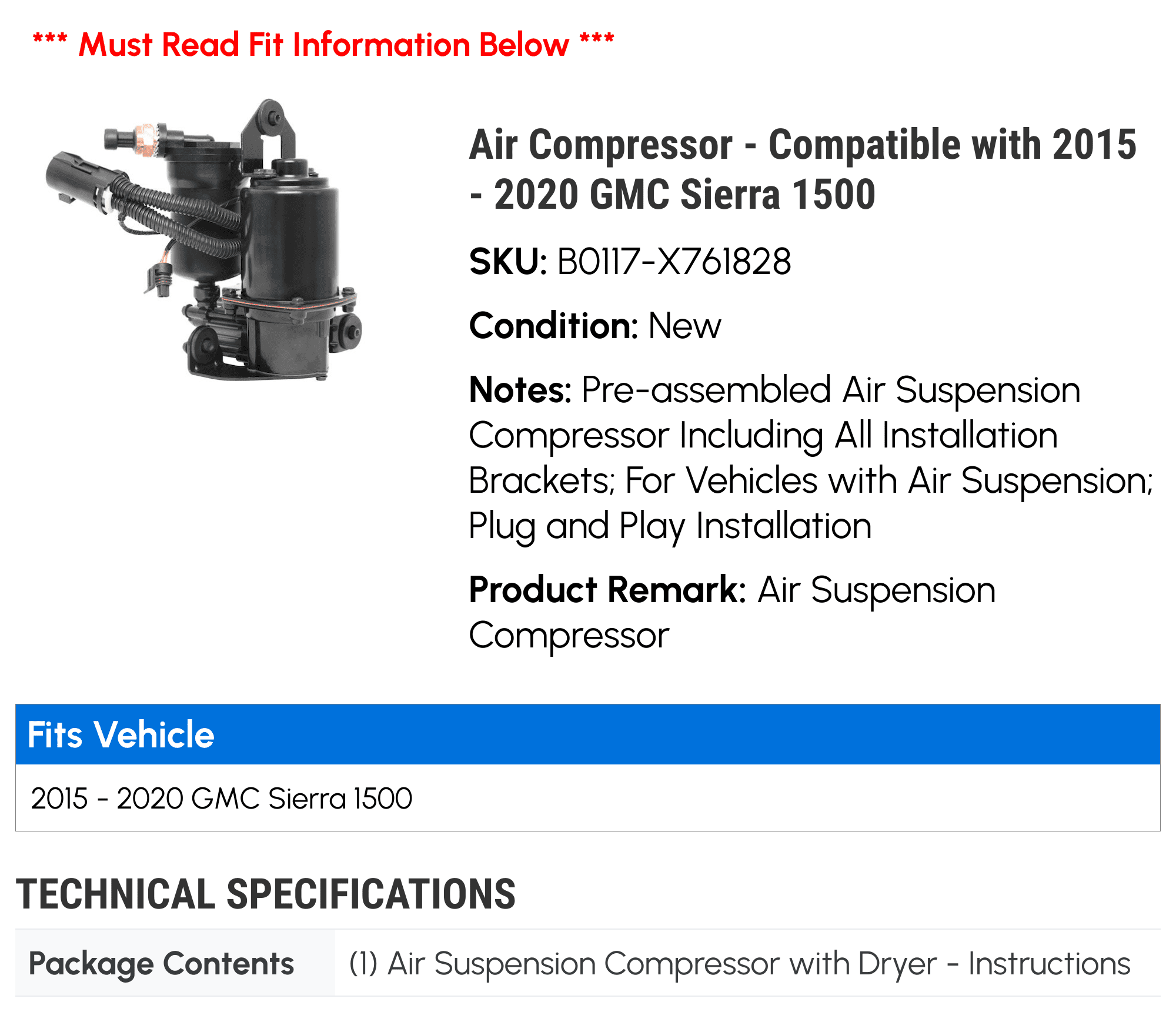 Air Compressor - Compatible with 2015 - 2020 GMC Sierra 1500 2016 2017 2018 2019