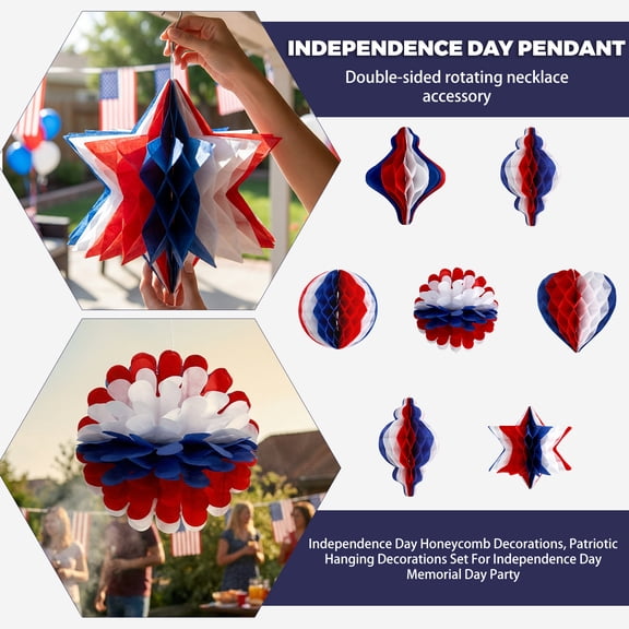 Independence Day Patriotic Paper Honeycomb Hanging Decorations Set 7PCS Mixed Shapes Party Decorations for Memorial Day Patriotic Parties