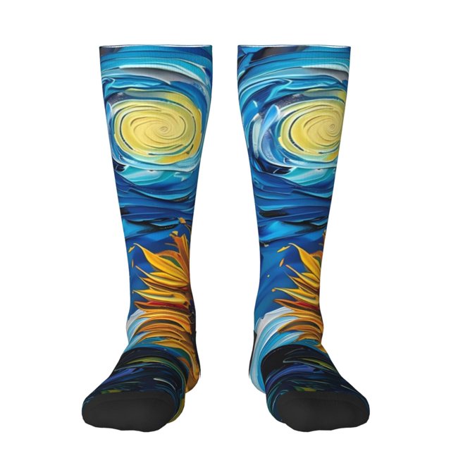 Balery Starry Night Sunflower Field Calcetines novedosos Calcetines deportivos Calcetines hasta la rodilla Calcetines de algodón Calcetines originales y geniales