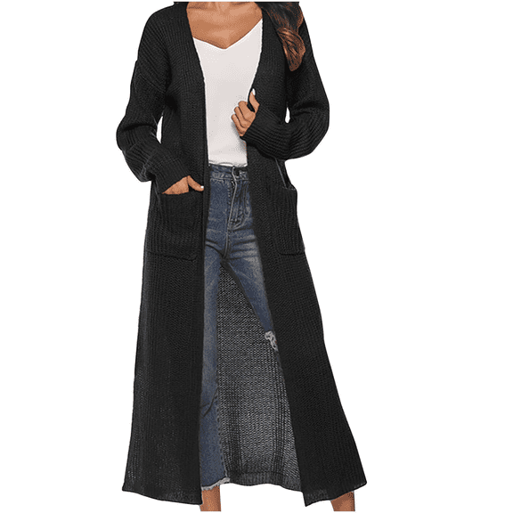 Long Cardigan Sweaters for Women Solid Color Open Front Duster Coat Long Sleeve Slouchy Knit Maxi Outerwear Trendy Casual Full Sleeve Maxi Coat with Pockets