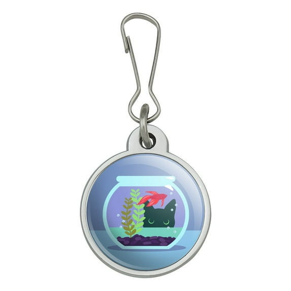 Black Cat Staring at Betta Fish Bowl Jacket Handbag Purse Luggage Backpack Zipper Pull Charm