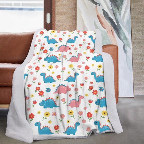 Cute Dinosaur Cartoon Pattern Soft Sherpa Fleece Throw Blanket, Warm Cozy Plush Blanket for Sofa Bed Couch, All Season, 60"x80"