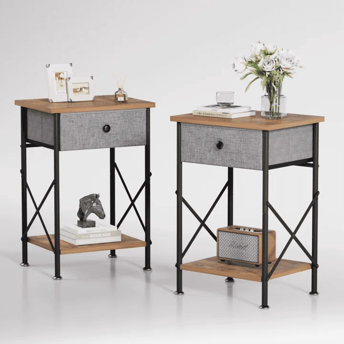 VECELO Nightstands X-Design Side End Table with Detachable Drawer, Wooden Nightstands Storage Shelf for Living Room, Bedroom, Set of 2, Brown