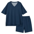 thumbnail image 4 of Girls 2pc Outfits Summer Solid Color Short Sleeve V Neck Drop Shoulder T-Shirts Basic Leggings Shorts Sets Navy 6-7 Years, 4 of 7