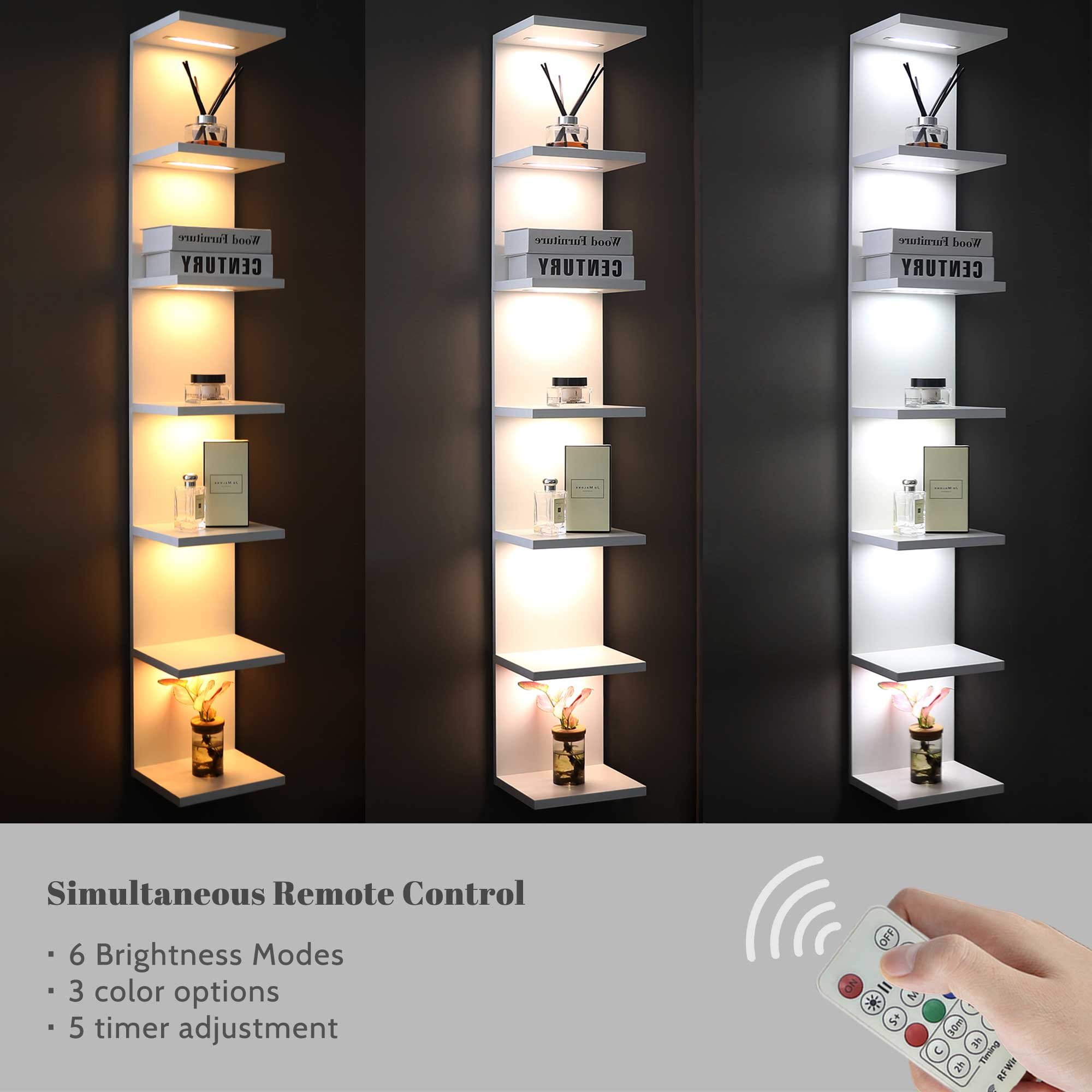 7-Tier Wall Shelf with 3 LED Lighting Modes, Multifunctional Wall Mounted Vertical Lack Wall Shelf with Remote Control for Bedroom Living Room Vanity, White