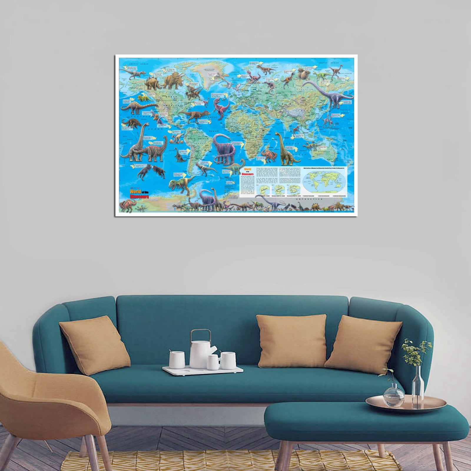 Dinosaur Map of The World Artworks Picture Print Poster Wall Art Painting Canvas Gift Decor Home Posters Decorative 24x36inch(60x90cm)