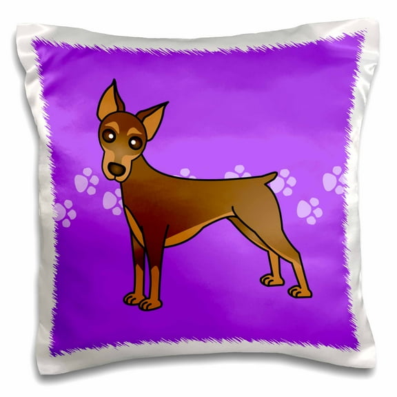 3dRose, Cute Doberman Pinscher Red Coat - Cartoon Dog - Purple with Pawprints, 16x16 inch Pillow Case