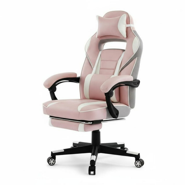 Garvee Gaming Silla, Reposapiés Retráctil, Lumbar y Reposacabezas Ajustables, Rosa