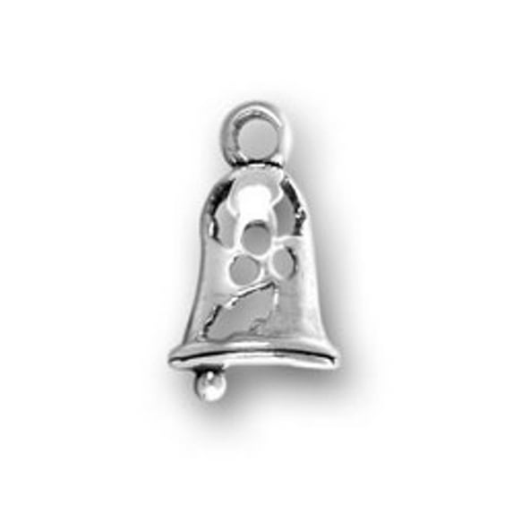 Sterling Silver 30" 1mm Box Chain Cutout Holly Christmas Bell Pendant Necklace