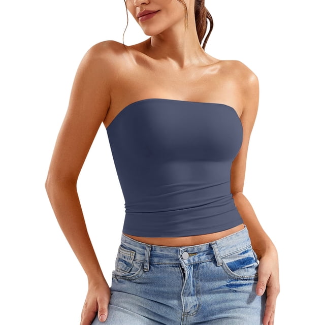 2025 Womens Solid Color Ribbed Tank Tops for Women Crop Top Strapless Bandeau Tube Tops for Women with Built in Bra Tube Top Sleeveless Backless Mesh Top Tank Vest
