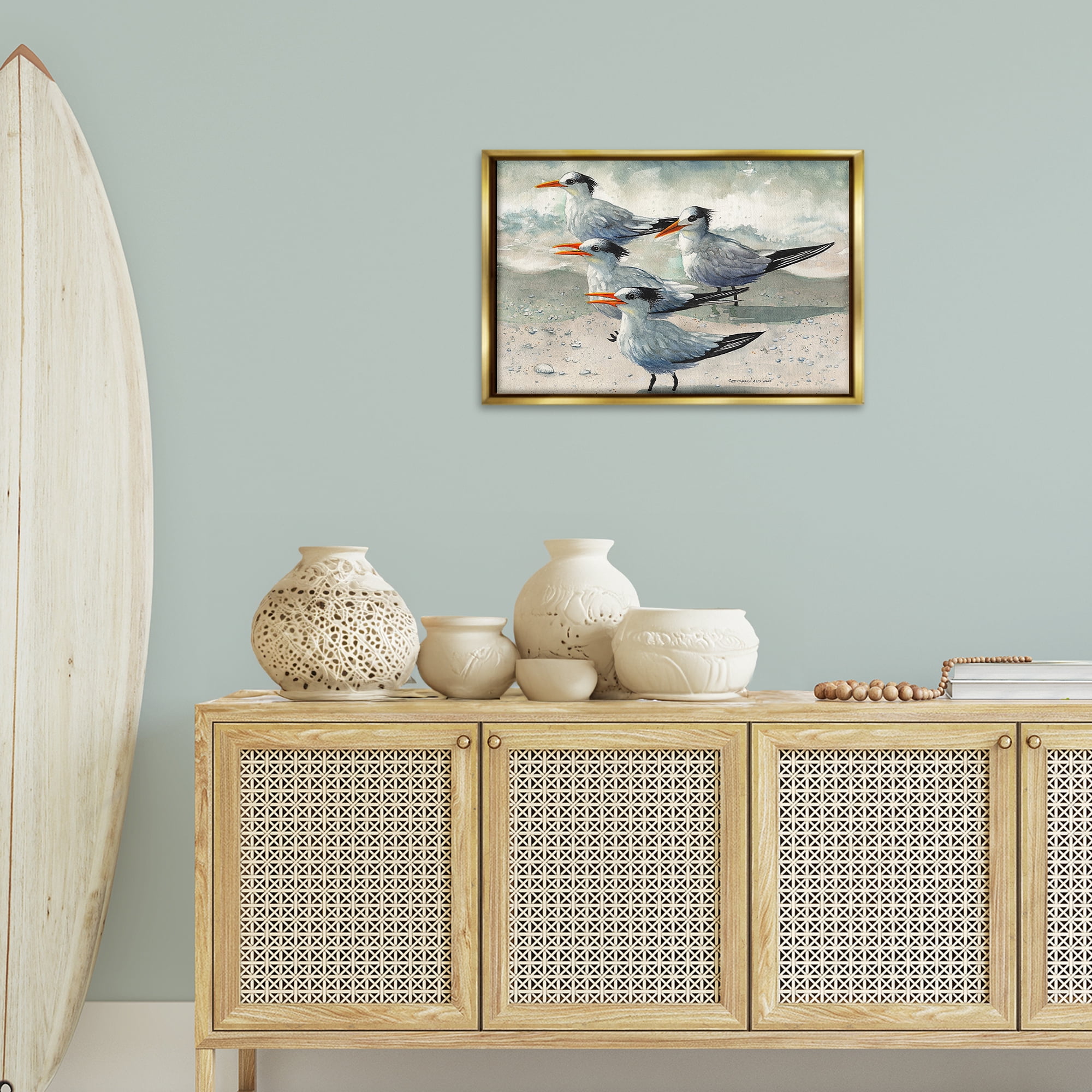Stupell Industries Birds on Sandy Beach Animals & Insects Painting Gold Floater Framed Canvas Art Print Wall Art, 25 x 17