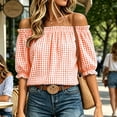 thumbnail image 5 of ClodeEU Women's Plaid Off Shoulder Blouse,Short Puff Sleeve Cropped Casual Summer Top Orange-Plaid ^,Women's Plus L, 5 of 8