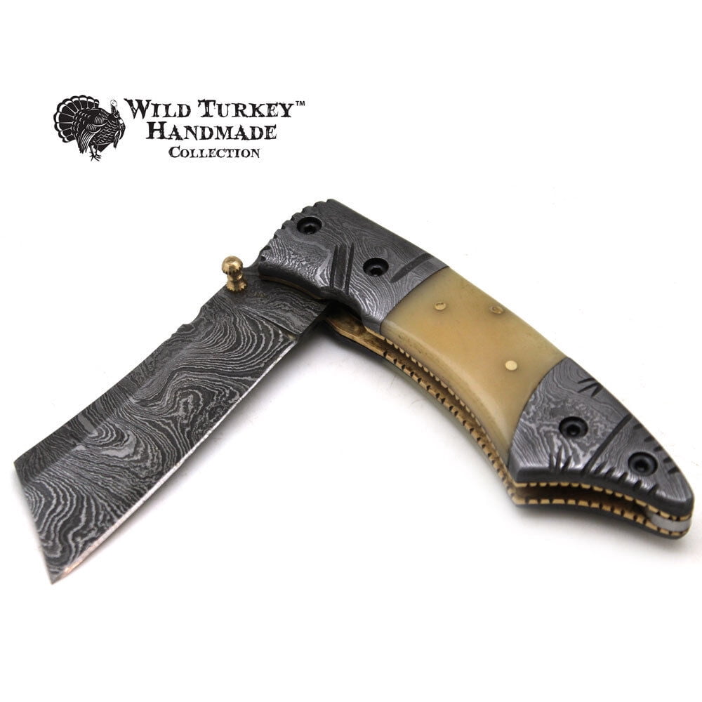 Wild Turkey Handmade Damascus Steel Collection Razor Style Folding Knife
