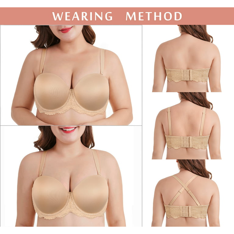 Exclare Women's Multiway Strapless Lace Bra Full Figure Underwire Contour  Beauty Back Plus Size Bra(Beige,42C) 