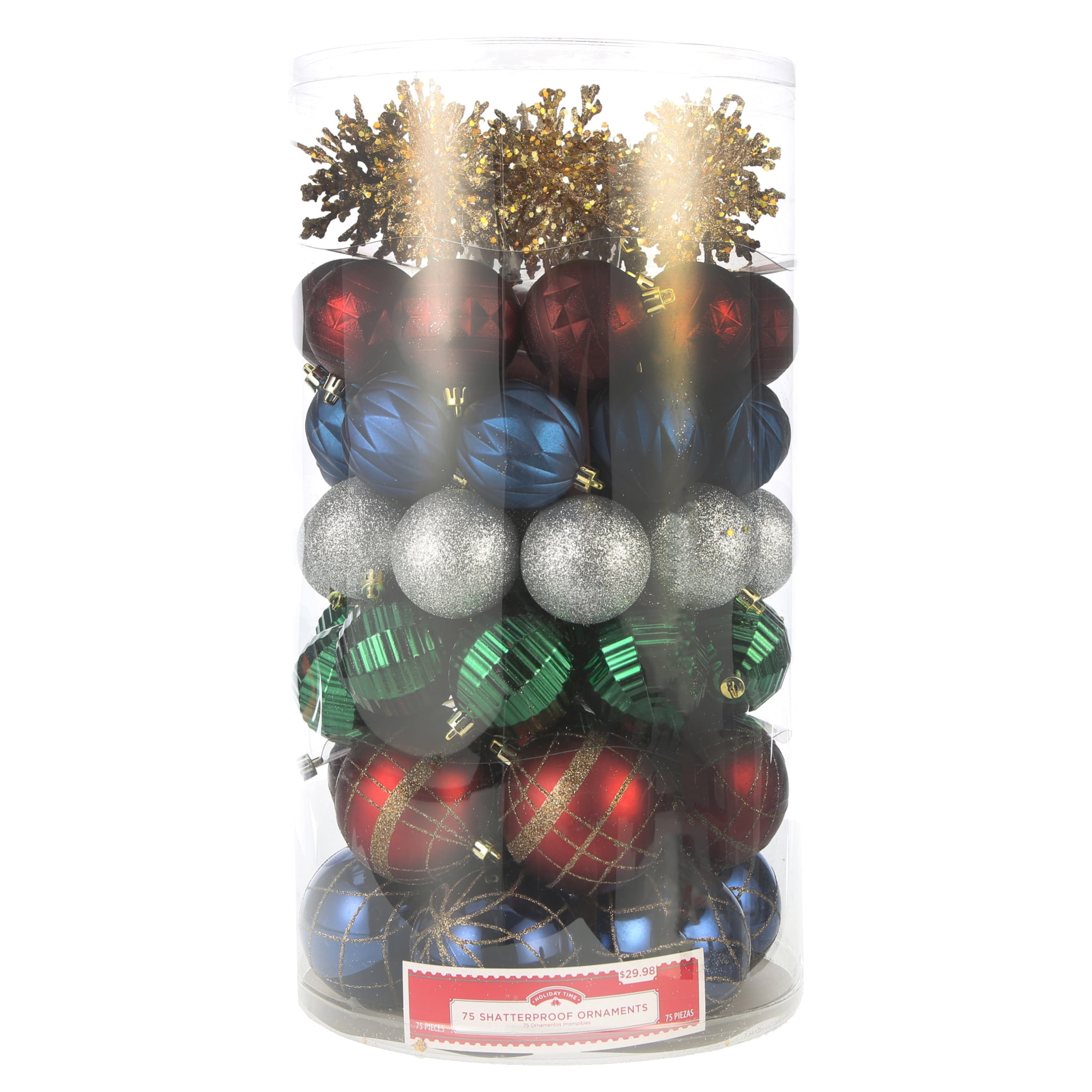 Holiday Time Shatterproof Christmas Tree Ornaments, 75 Count, Multiple