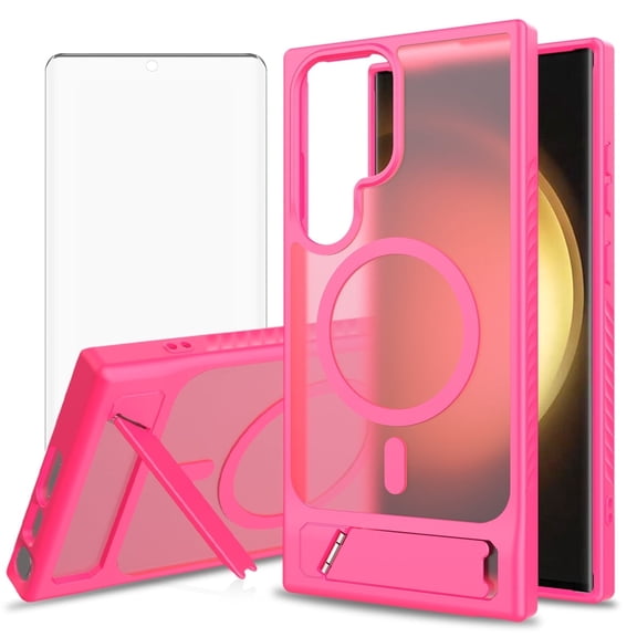 Asuwish Compatible with Samsung Galaxy S23 Ultra 5G Phone Case Tempered Glass Screen Protector Magnetic Translucent Back Folding Stand Shockproof Protective Cover for S23Ultra 23S Women Men Rose Red