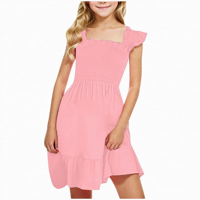 gdxvjhbj Robes pour Bébé Fille Robe Fille Été Manches à Volants en Maille Ligne A Décontractée Robe de Fête avec Poches 3T 4T (Rose, 3-4 Ans)