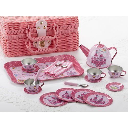 Delton Children's Porcelain Tea Set for 2 in Wicker Basket Pink Chintz for sale online 